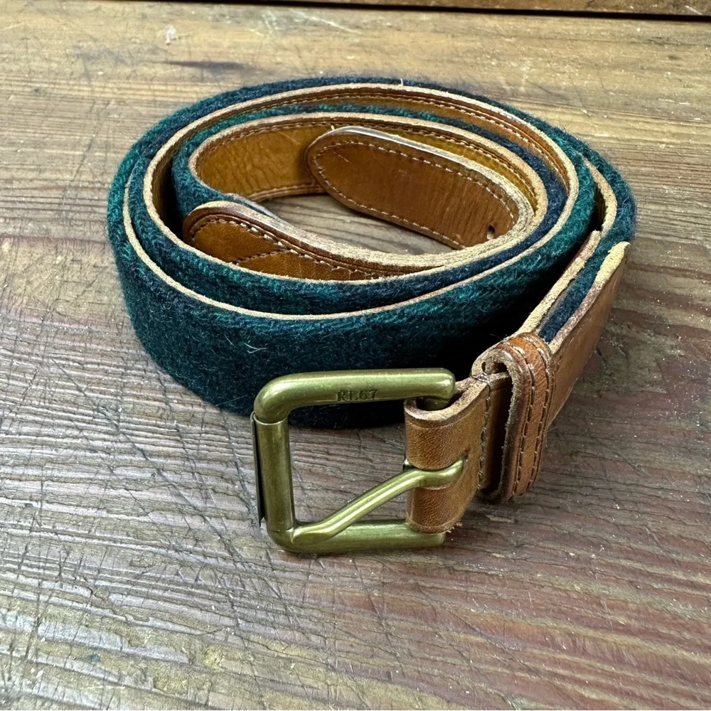 Polo Ralph Lauren PRL Plaid Wool Leather Belt Size 38 Blackwatch